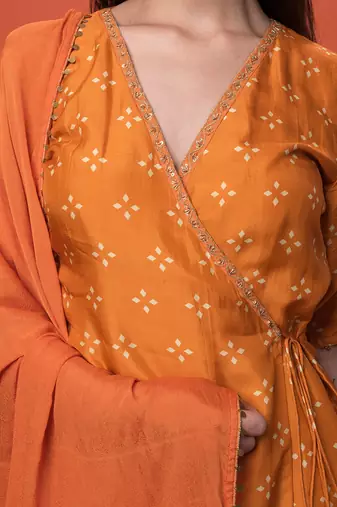 Orange Angrakha Short Kurta Set With Dupatta