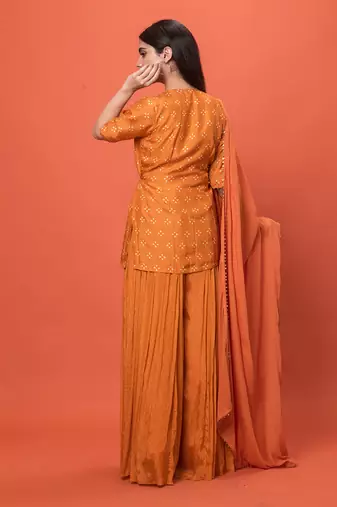Orange Angrakha Short Kurta Set With Dupatta