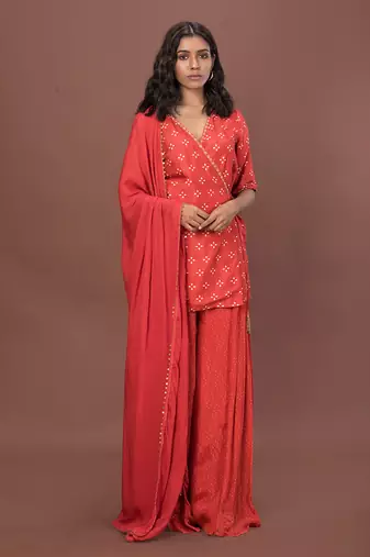 Pink Angrakha Short Kurta Set With Dupatta