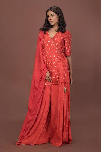 Pink Angrakha Short Kurta Set With Dupatta