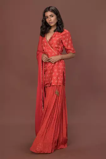 Pink Angrakha Short Kurta Set With Dupatta
