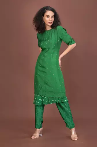 Green Assymetrical Hem Kurta Set
