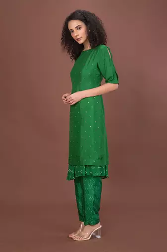 Green Assymetrical Hem Kurta Set