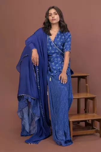 Blue Angrakha Short Kurta Set With Dupatta