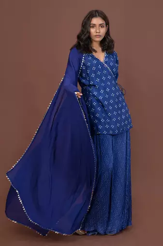Blue Angrakha Short Kurta Set With Dupatta