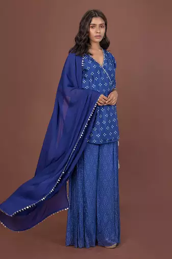 Blue Angrakha Short Kurta Set With Dupatta