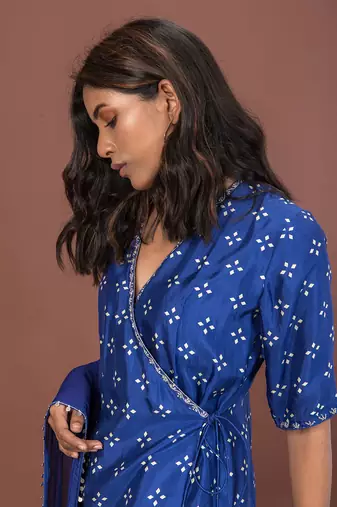 Blue Angrakha Short Kurta Set With Dupatta