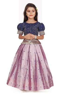 Navy Blue and Lilac Traditional Pattu Pavadai for Girls 1