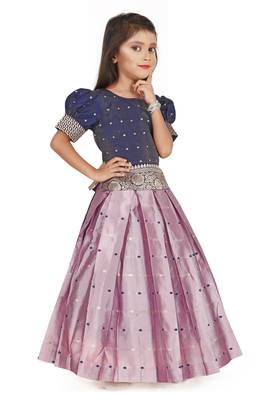 Navy Blue and Lilac Traditional Pattu Pavadai for Girls 2