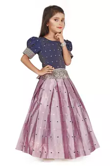 Navy Blue and Lilac Traditional Pattu Pavadai for Girls