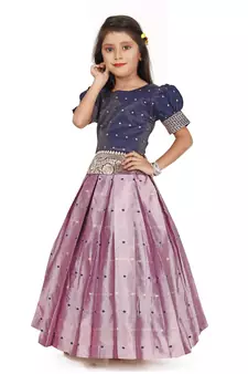 Navy Blue and Lilac Traditional Pattu Pavadai for Girls