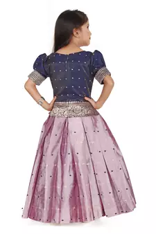 Navy Blue and Lilac Traditional Pattu Pavadai for Girls
