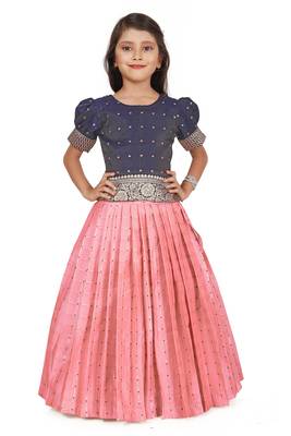 Kids Pink New south Indian traditional pattu pavadai Jacquard Lehenga choli for girls dress 1