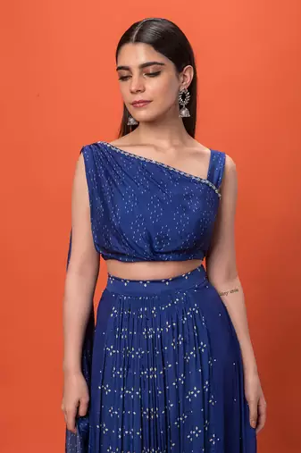 Blue One Shouldered Crop Top Set