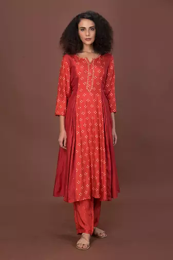 Red Panelled Kurta Set