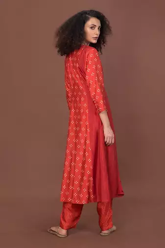 Red Panelled Kurta Set
