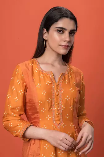 Orange Panelled Kurta Set