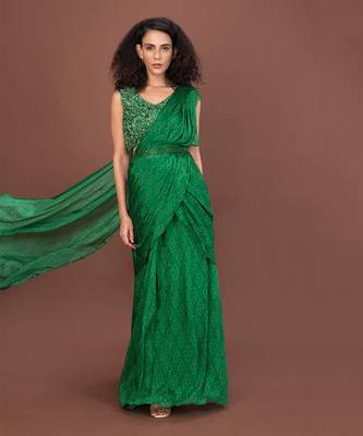 Green Ruffled Pre-Draped Saree Set 2