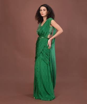 Green Ruffled Pre-Draped Saree Set 3