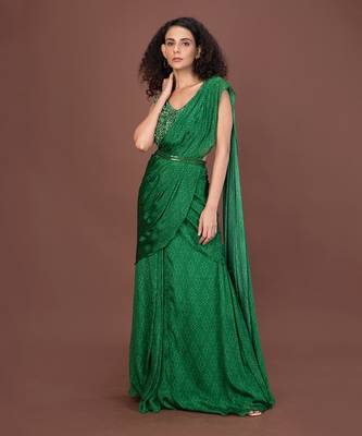 Green Ruffled Pre-Draped Saree Set 1