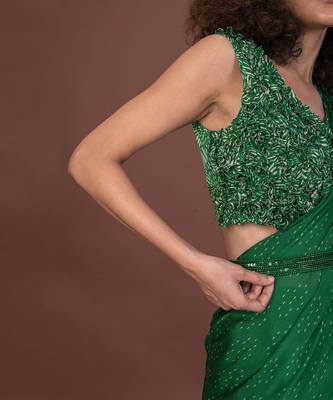 Green Ruffled Pre-Draped Saree Set 4