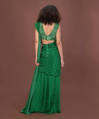 Green Ruffled Pre-Draped Saree Set 6