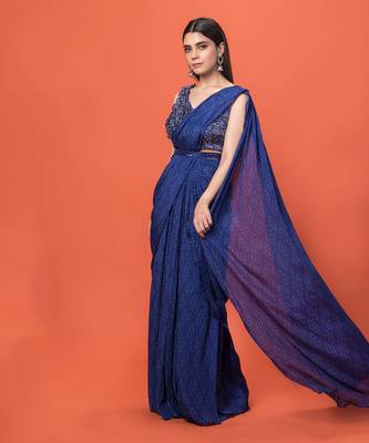 Blue Ruffled Pre-Draped Saree Set 1