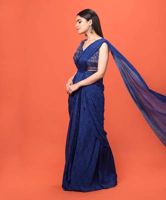 Blue Ruffled Pre-Draped Saree Set 2