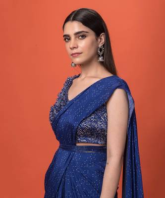 Blue Ruffled Pre-Draped Saree Set 3