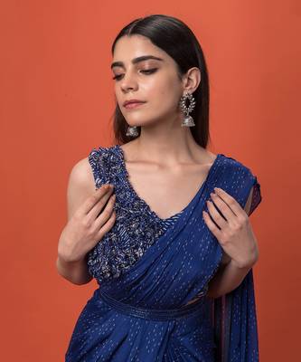 Blue Ruffled Pre-Draped Saree Set 4
