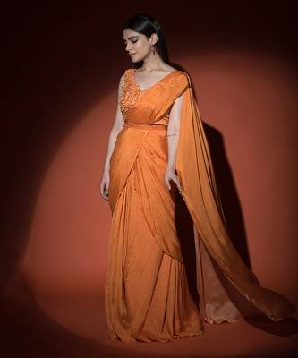 Orange Ruffled Pre-Draped Saree Set 2