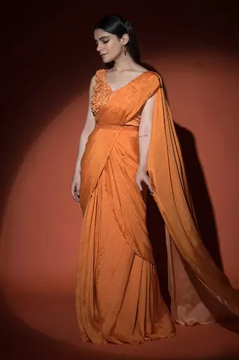 Orange Ruffled Pre-Draped Saree Set
