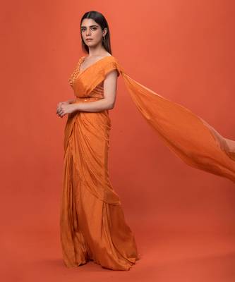 Orange Ruffled Pre-Draped Saree Set 3