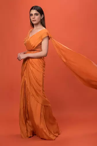 Orange Ruffled Pre-Draped Saree Set