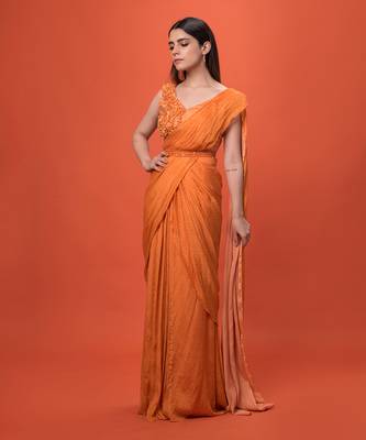 Orange Ruffled Pre-Draped Saree Set 1