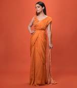 Orange Ruffled Pre-Draped Saree Set