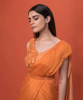 Orange Ruffled Pre-Draped Saree Set 4