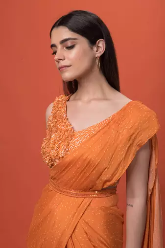 Orange Ruffled Pre-Draped Saree Set