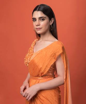 Orange Ruffled Pre-Draped Saree Set 5