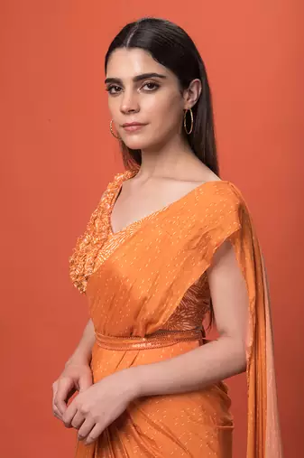 Orange Ruffled Pre-Draped Saree Set