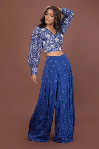 Blue Printed Wrap Top & Pants Set