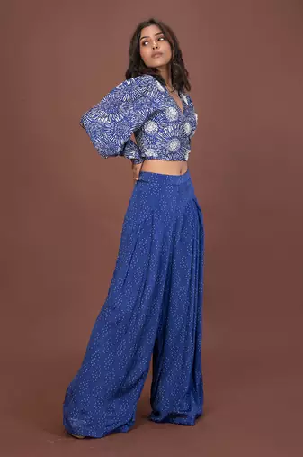 Blue Printed Wrap Top & Pants Set