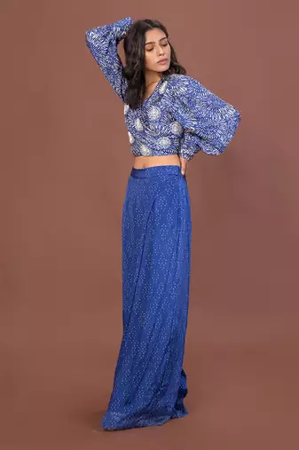 Blue Printed Wrap Top & Pants Set