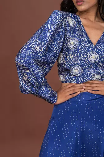 Blue Printed Wrap Top & Pants Set