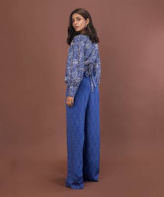 Blue Printed Wrap Top & Pants Set 6