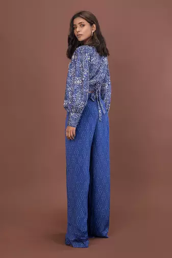Blue Printed Wrap Top & Pants Set