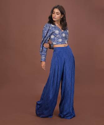 Blue Printed Wrap Top & Pants Set 10