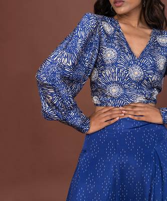Blue Printed Wrap Top & Pants Set 11