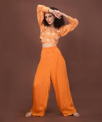 Orange Printed Wrap Top & Pants Set 2