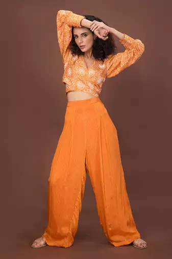 Orange Printed Wrap Top & Pants Set